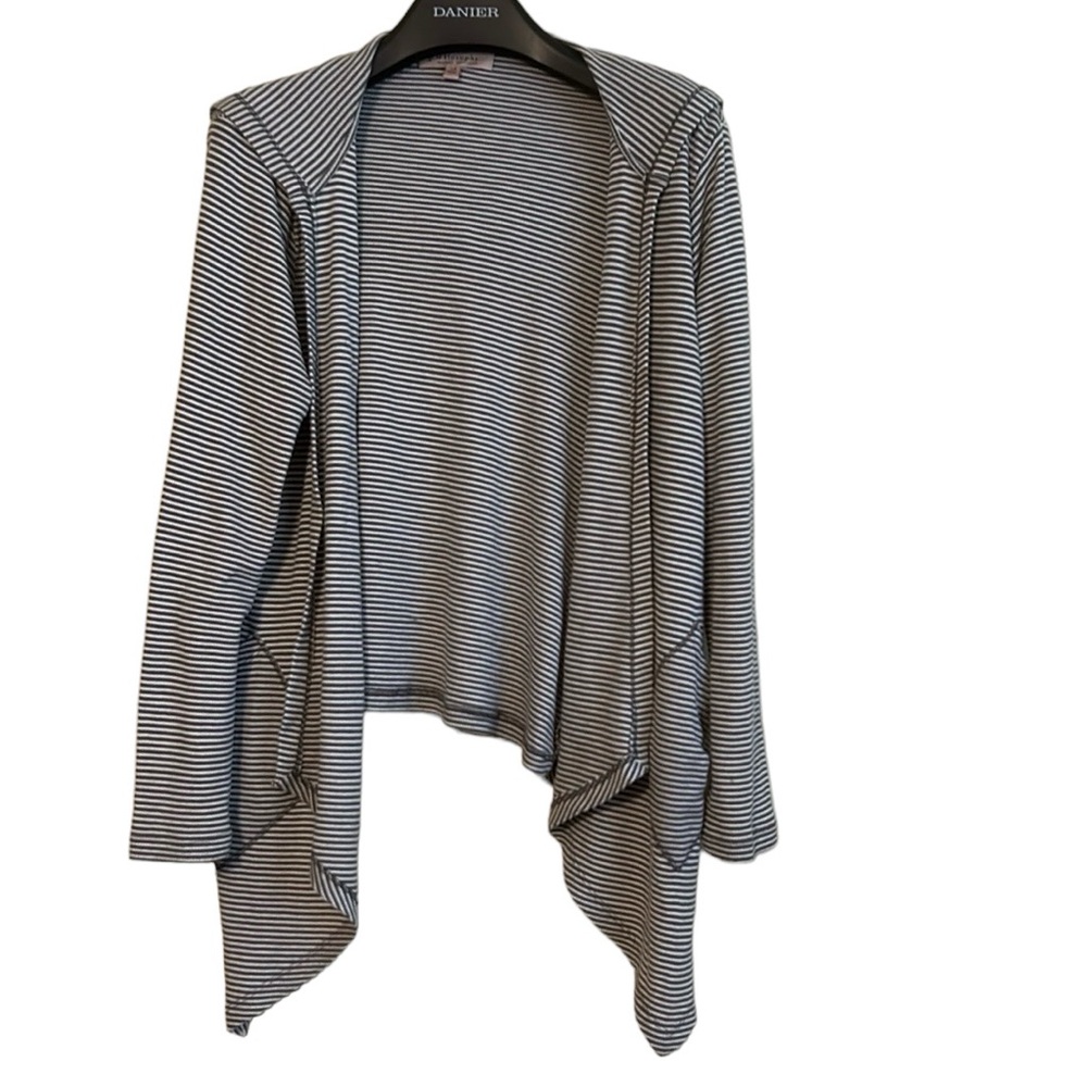 Philosophy women’s open cardigan hooded size 1x grey white pockets cascading